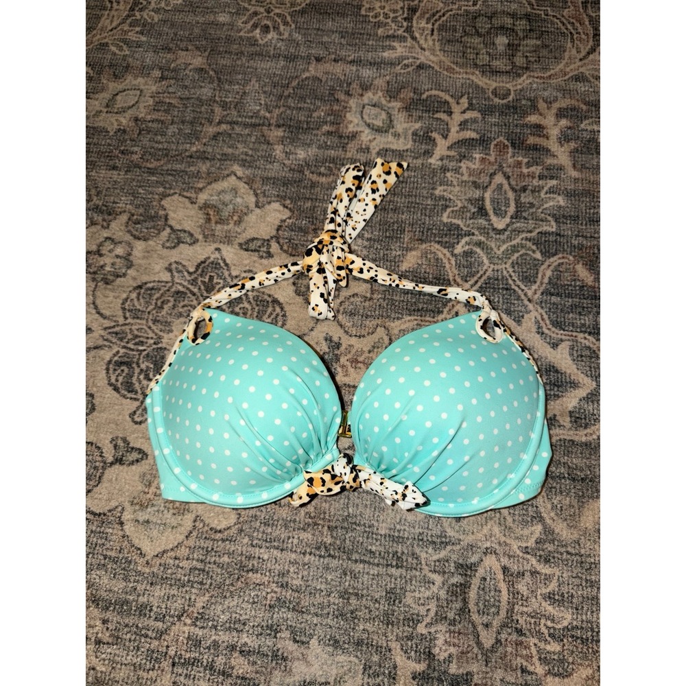 Vintage Victoria's Secret Y2K Bombshell Push Up Bikini Swim Top Blue Polka Dot